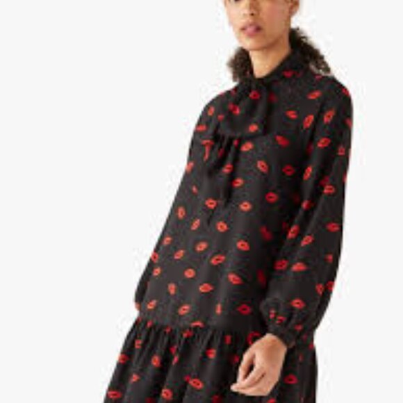 Kate Spade New York Kisses Tie Neck Shift Dress With Red Lip Pattern Size L - Picture 2 of 9